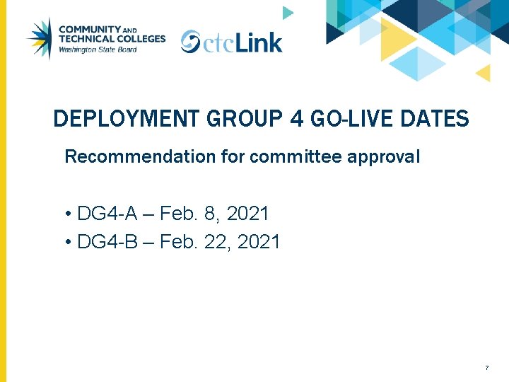 DEPLOYMENT GROUP 4 GO-LIVE DATES Recommendation for committee approval • DG 4 -A –