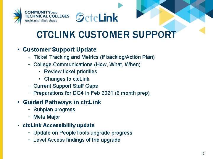 CTCLINK CUSTOMER SUPPORT • Customer Support Update • Ticket Tracking and Metrics (If backlog/Action