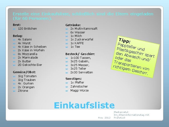 Erstelle eine Einkaufsliste, schließlich sind die Eltern eingeladen (für 60 Personen). Brot: 120 Brötchen