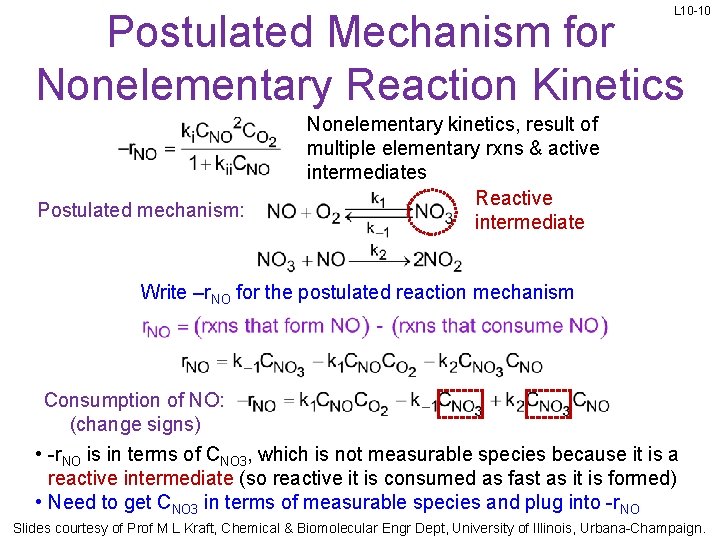 L 10 -10 Postulated Mechanism for Nonelementary Reaction Kinetics Postulated mechanism: Nonelementary kinetics, result