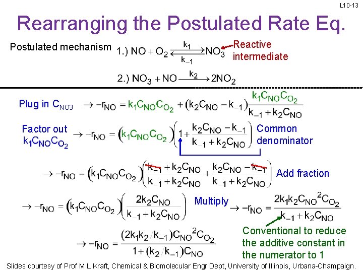 L 10 -13 Rearranging the Postulated Rate Eq. Reactive intermediate Postulated mechanism Plug in