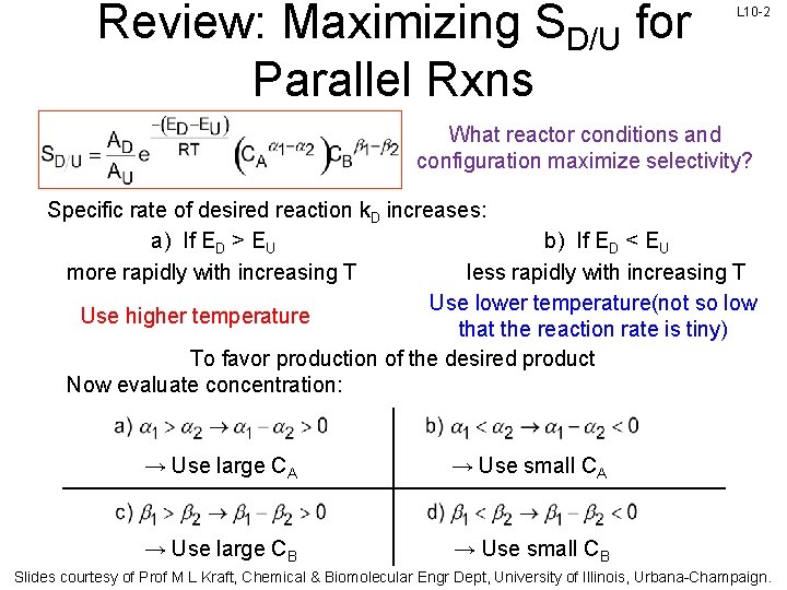 Review: Maximizing SD/U for Parallel Rxns L 10 -2 What reactor conditions and configuration
