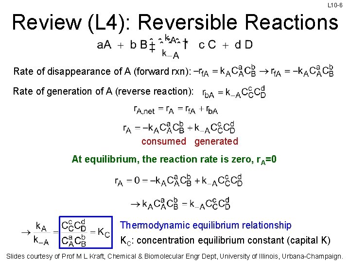 L 10 -6 Review (L 4): Reversible Reactions Rate of disappearance of A (forward