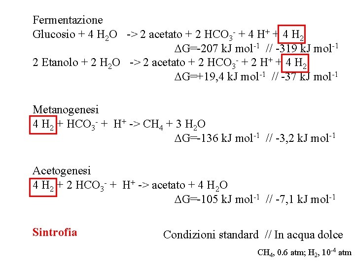 Fermentazione Glucosio + 4 H 2 O -> 2 acetato + 2 HCO 3 Fermentazione Glucosio + 4 H 2 O -> 2 acetato + 2 HCO 3