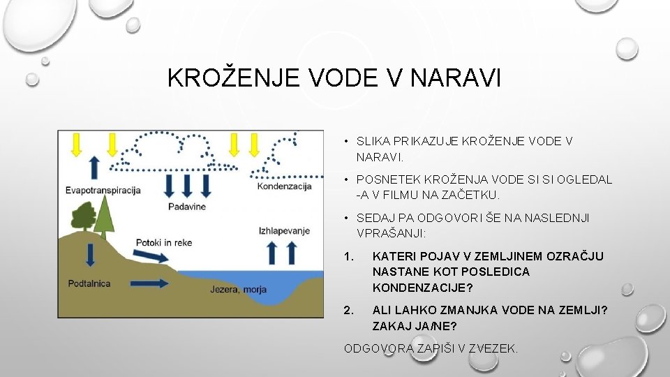 KROŽENJE VODE V NARAVI • SLIKA PRIKAZUJE KROŽENJE VODE V NARAVI. • POSNETEK KROŽENJA