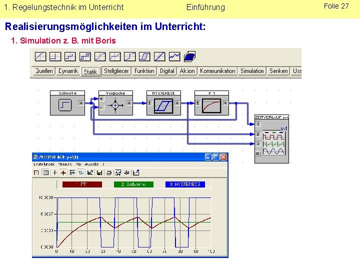 1. Regelungstechnik im Unterricht Einführung Realisierungsmöglichkeiten im Unterricht: 1. Simulation z. B. mit Boris