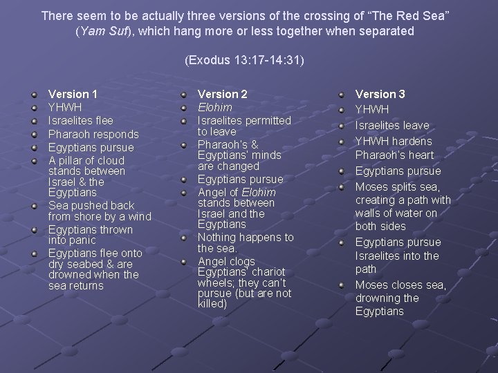 There seem to be actually three versions of the crossing of “The Red Sea”