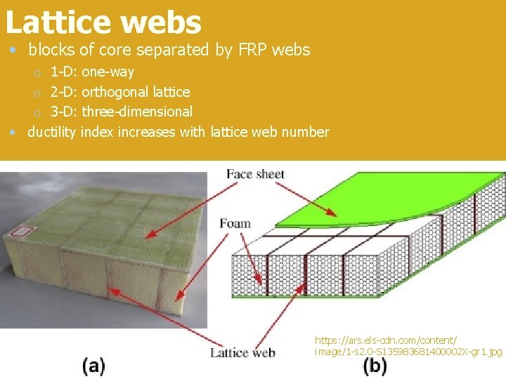 Lattice webs • blocks of core separated by FRP webs 1 -D: one-way o