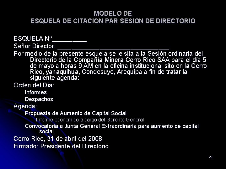 MODELO DE ESQUELA DE CITACION PAR SESION DE DIRECTORIO ESQUELA Nº_____ Señor Director: ________________