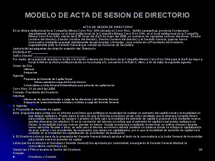 MODELO DE ACTA DE SESION DE DIRECTORIO En la oficina institucional de la Compañía