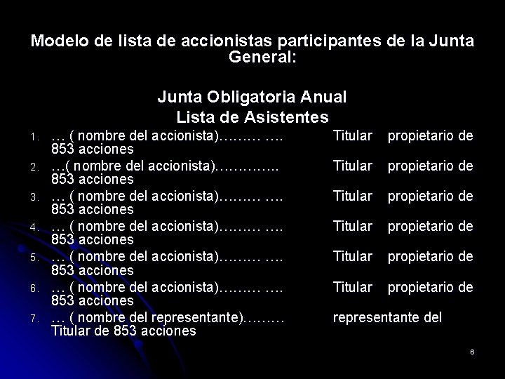 Modelo de lista de accionistas participantes de la Junta General: Junta Obligatoria Anual Lista