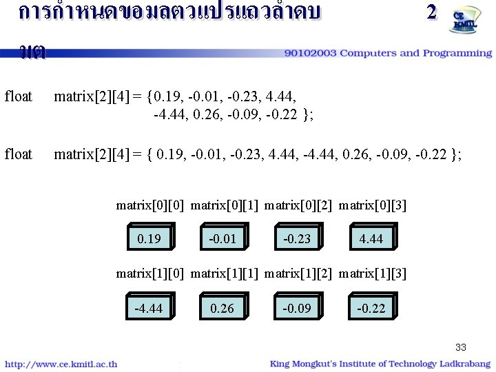 การกำหนดขอมลตวแปรแถวลำดบ มต 2 float matrix[2][4] = {0. 19, -0. 01, -0. 23, 4. 44,