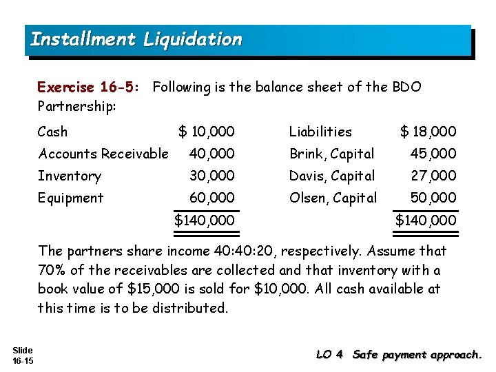 Installment Liquidation Exercise 16 -5: Following is the balance sheet of the BDO Partnership: