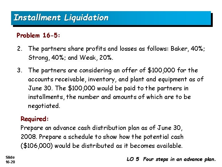 Installment Liquidation Problem 16 -5: 2. The partners share profits and losses as follows: