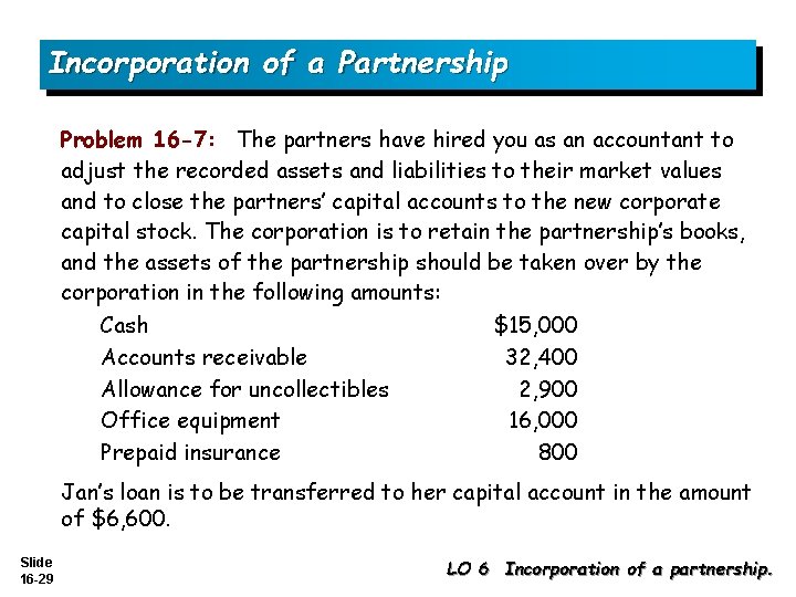 Incorporation of a Partnership Problem 16 -7: The partners have hired you as an