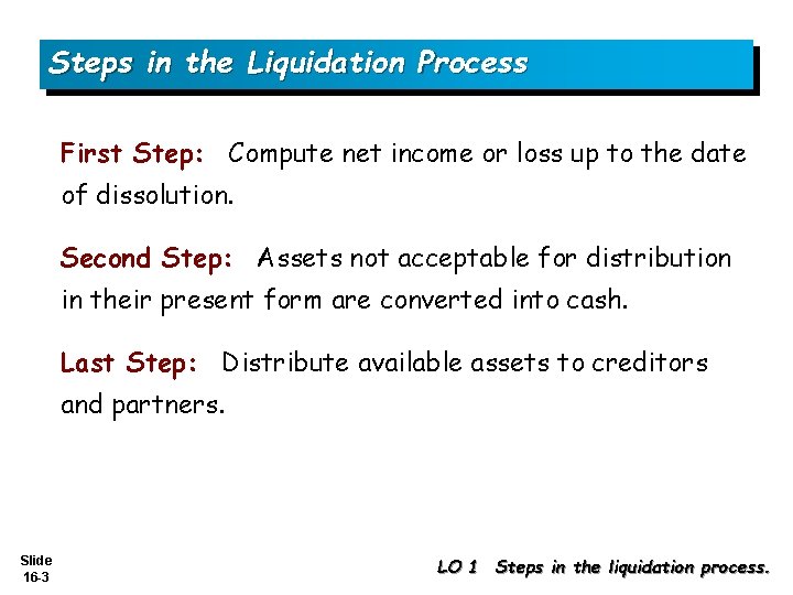 Steps in the Liquidation Process First Step: Compute net income or loss up to