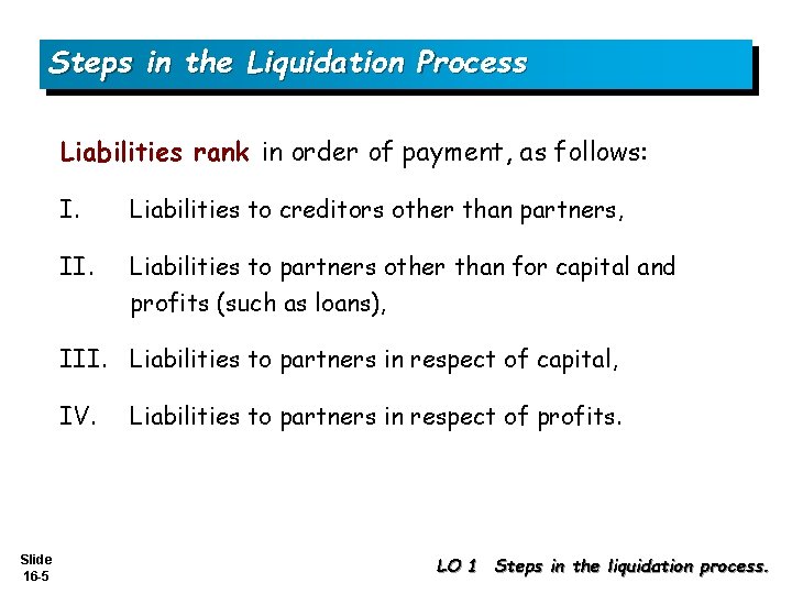 Steps in the Liquidation Process Liabilities rank in order of payment, as follows: I.