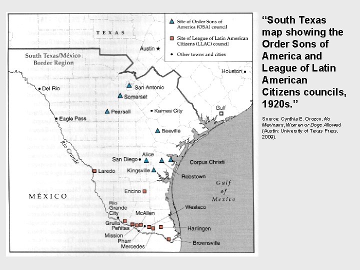 “South Texas map showing the Order Sons of America and League of Latin American