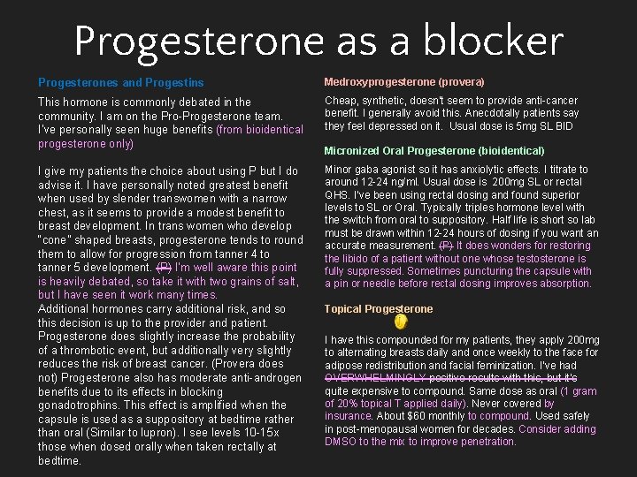 Progesterone as a blocker Progesterones and Progestins Medroxyprogesterone (provera) This hormone is commonly debated