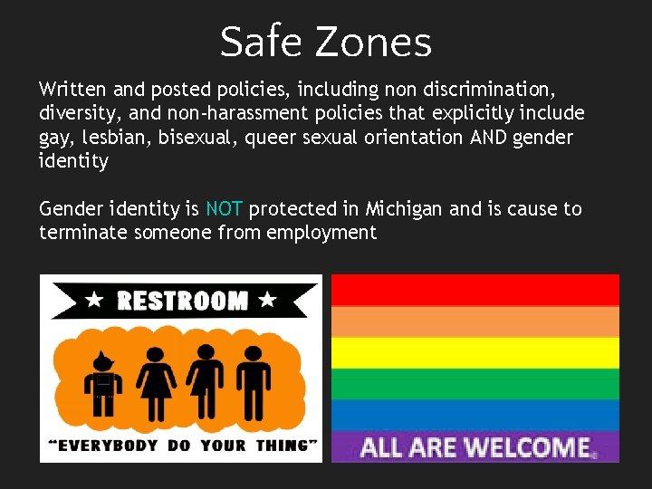 Safe Zones Written and posted policies, including non discrimination, diversity, and non-harassment policies that
