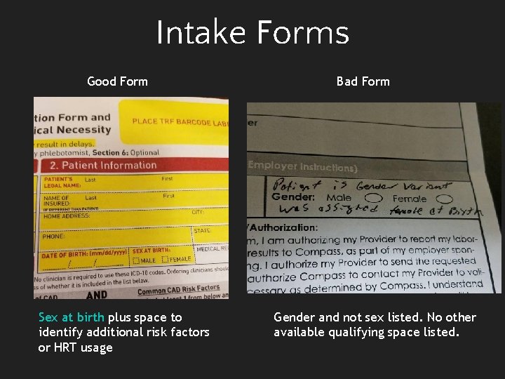 Intake Forms Good Form Sex at birth plus space to identify additional risk factors