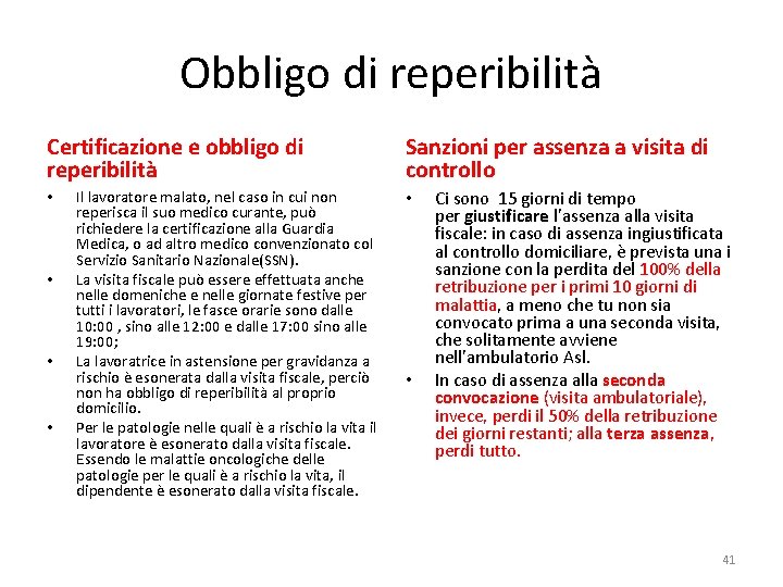 Obbligo di reperibilità Certificazione e obbligo di reperibilità • • Il lavoratore malato, nel