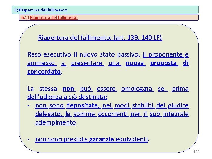 6) Riapertura del fallimento 6. 1) Riapertura del fallimento: (art. 139, 140 LF) Reso