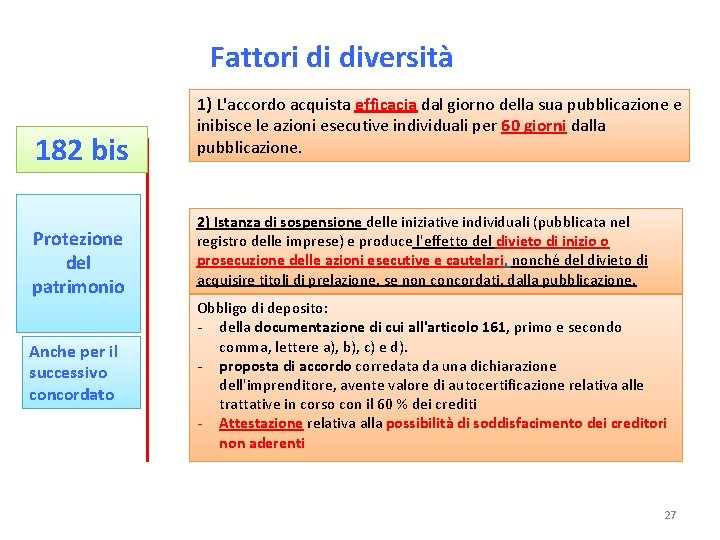 Fattori di diversità 182 bis Protezione del patrimonio Anche per il successivo concordato 1)