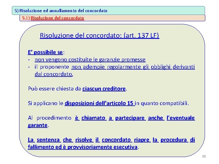 5) Risoluzione ed annullamento del concordato 5. 1) Risoluzione del concordato: (art. 137 LF)