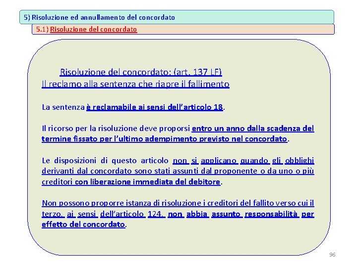 5) Risoluzione ed annullamento del concordato 5. 1) Risoluzione del concordato: (art. 137 LF)