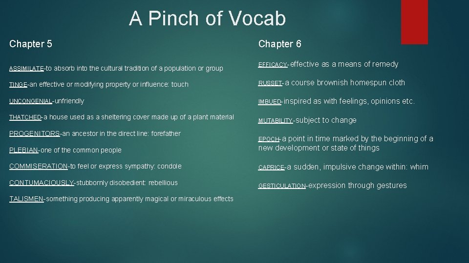 A Pinch of Vocab Chapter 5 ASSIMILATE-to absorb into the cultural tradition of a A Pinch of Vocab Chapter 5 ASSIMILATE-to absorb into the cultural tradition of a