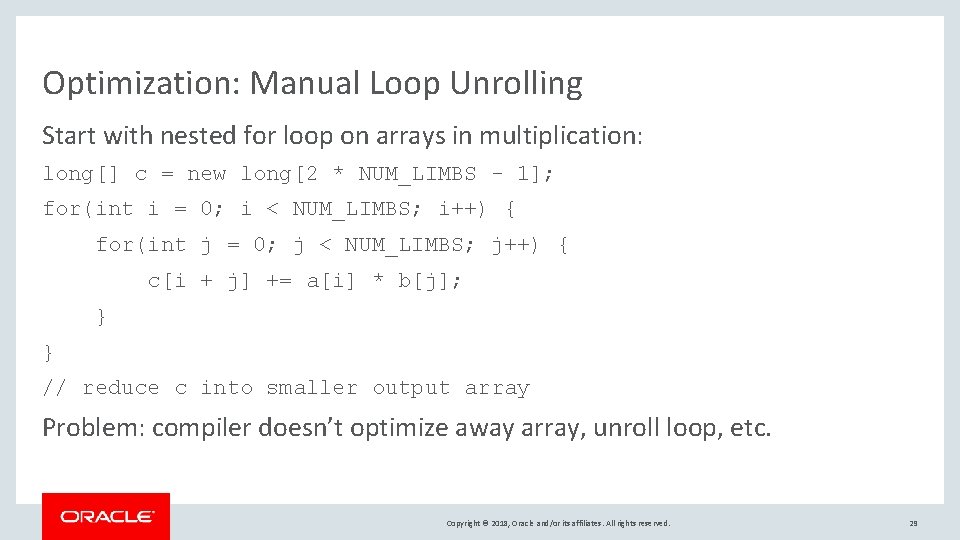 Optimization: Manual Loop Unrolling Start with nested for loop on arrays in multiplication: long[]