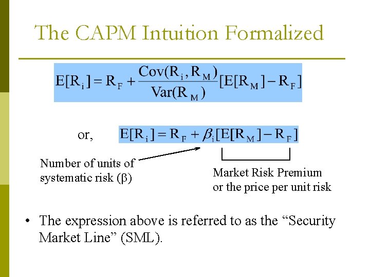 The CAPM Intuition Formalized or, Number of units of systematic risk ( ) Market