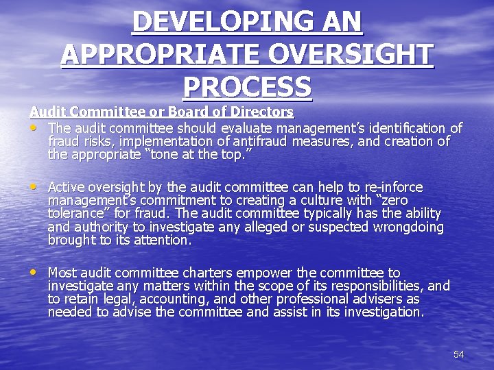 DEVELOPING AN APPROPRIATE OVERSIGHT PROCESS Audit Committee or Board of Directors • The audit
