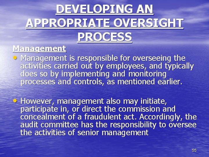 DEVELOPING AN APPROPRIATE OVERSIGHT PROCESS Management • Management is responsible for overseeing the activities