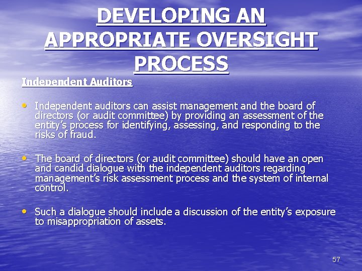 DEVELOPING AN APPROPRIATE OVERSIGHT PROCESS Independent Auditors • Independent auditors can assist management and