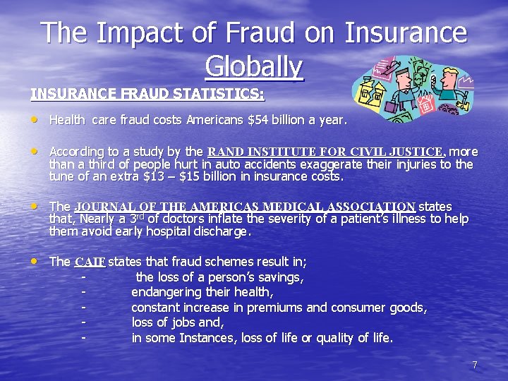 The Impact of Fraud on Insurance Globally INSURANCE FRAUD STATISTICS: • Health care fraud