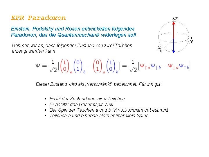 EPR Paradoxon Einstein, Podolsky und Rosen entwickelten folgendes Paradoxon, das die Quantenmechanik widerlegen soll