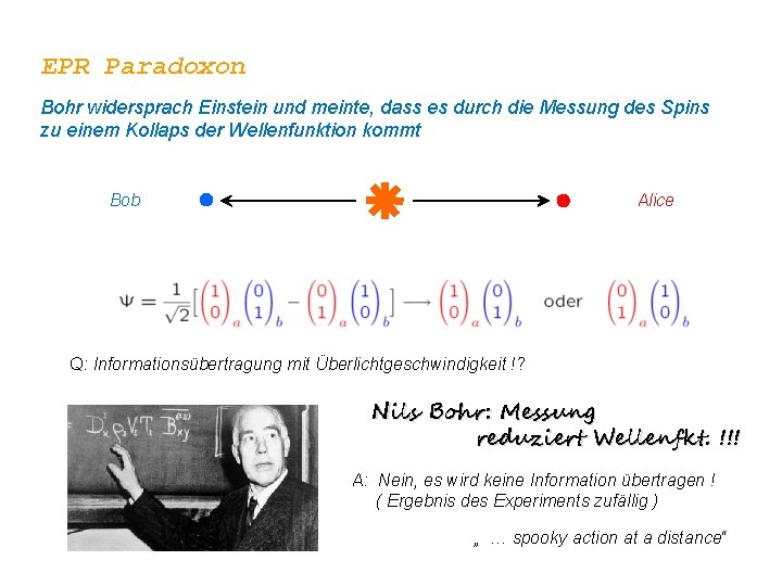 EPR Paradoxon Bohr widersprach Einstein und meinte, dass es durch die Messung des Spins
