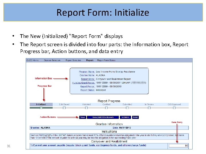 Report Form: Initialize • The New (Initialized) "Report Form" displays • The Report screen