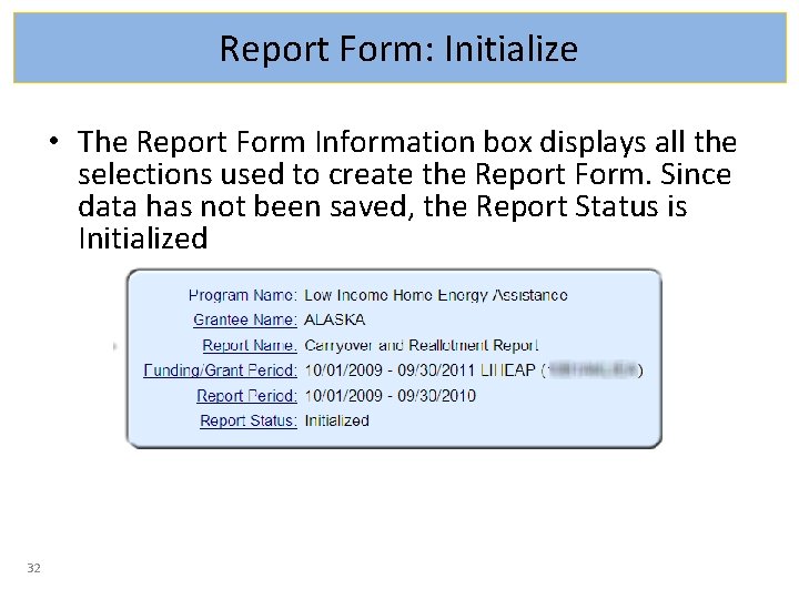 Report Form: Initialize • The Report Form Information box displays all the selections used