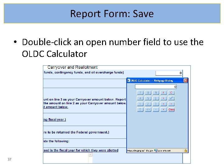 Report Form: Save • Double-click an open number field to use the OLDC Calculator