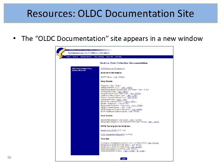 Resources: OLDC Documentation Site • The “OLDC Documentation” site appears in a new window