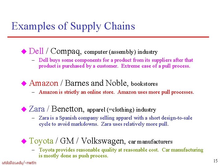 Examples of Supply Chains u Dell / Compaq, computer (assembly) industry – Dell buys