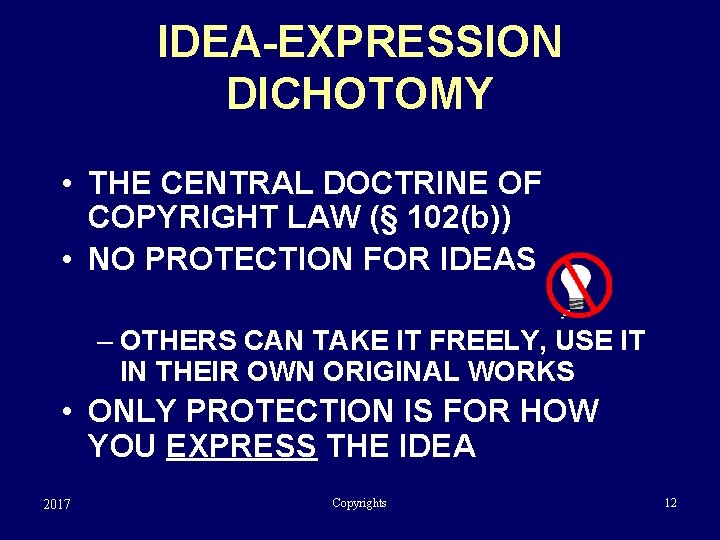 IDEA-EXPRESSION DICHOTOMY • THE CENTRAL DOCTRINE OF COPYRIGHT LAW (§ 102(b)) • NO PROTECTION