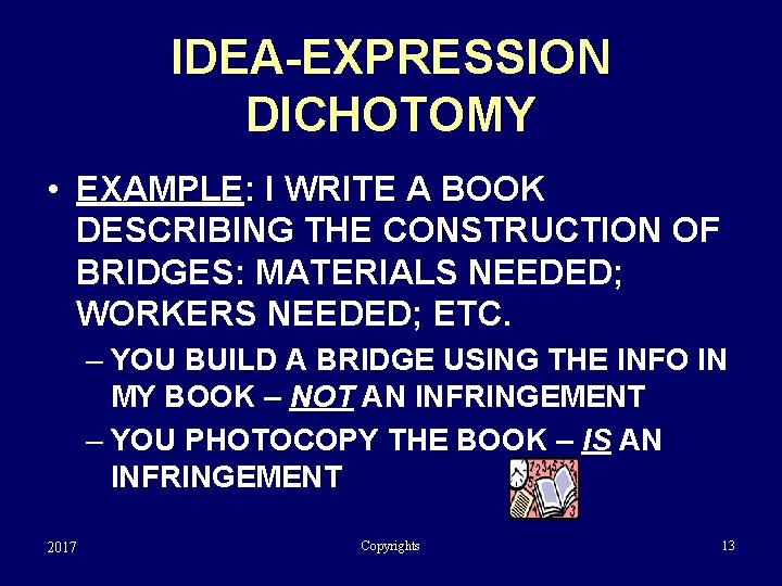 IDEA-EXPRESSION DICHOTOMY • EXAMPLE: I WRITE A BOOK DESCRIBING THE CONSTRUCTION OF BRIDGES: MATERIALS