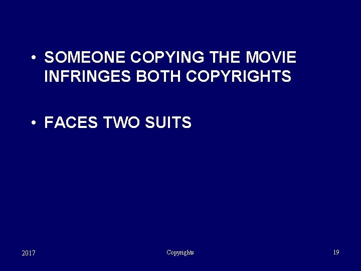  • SOMEONE COPYING THE MOVIE INFRINGES BOTH COPYRIGHTS • FACES TWO SUITS 2017