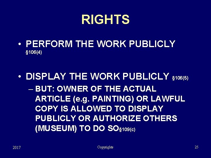 RIGHTS • PERFORM THE WORK PUBLICLY § 106(4) • DISPLAY THE WORK PUBLICLY §