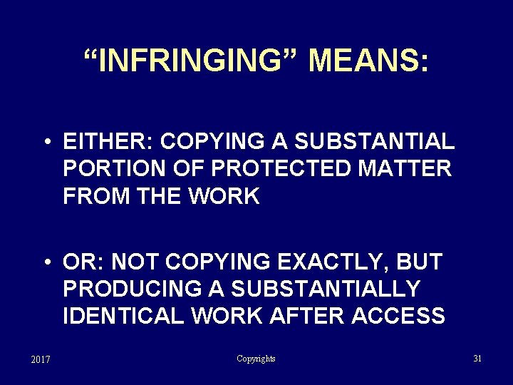 “INFRINGING” MEANS: • EITHER: COPYING A SUBSTANTIAL PORTION OF PROTECTED MATTER FROM THE WORK