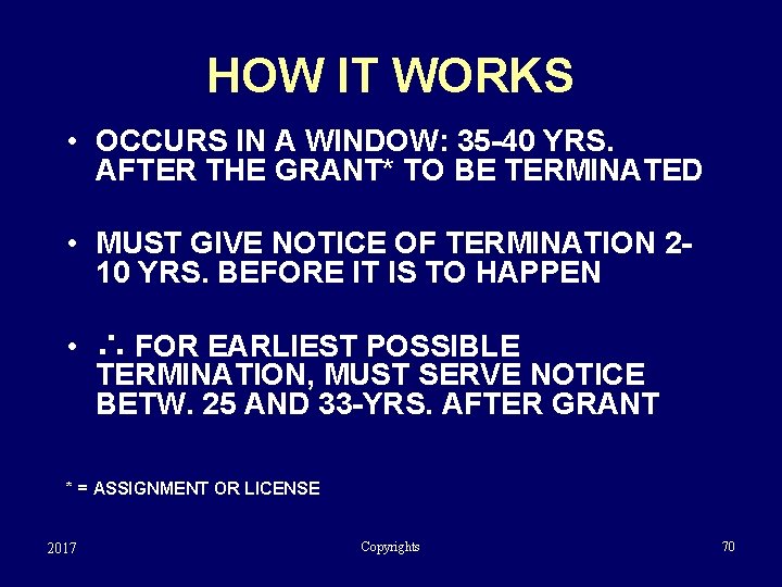 HOW IT WORKS • OCCURS IN A WINDOW: 35 -40 YRS. AFTER THE GRANT*